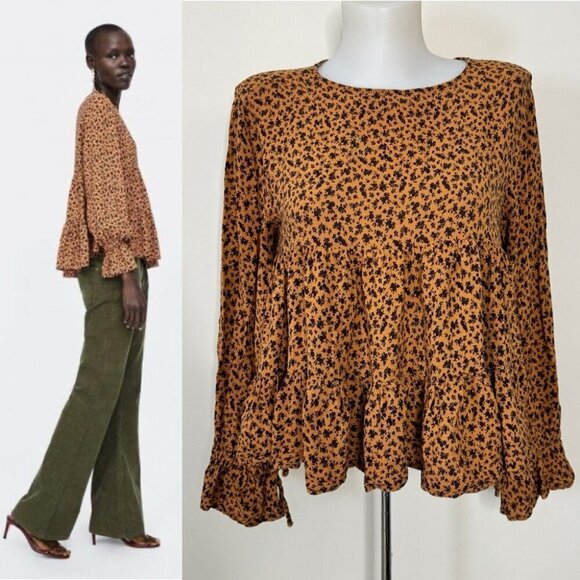 Zara Blouse Tiered Animal Print Long Sleeve Gauze Crepe Lightweight Neutral Sz M - Picture 1 of 16